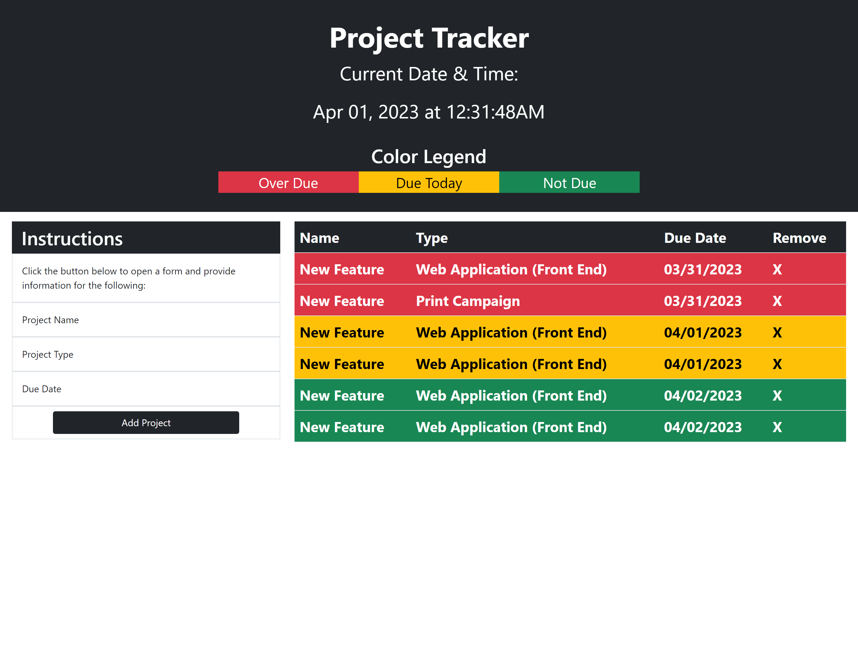 screenshot of project tracker