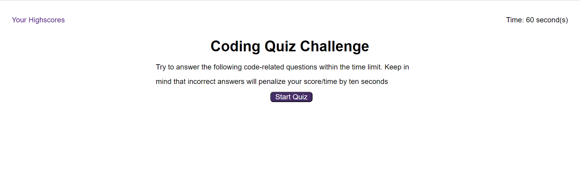 screenshot of timed quiz