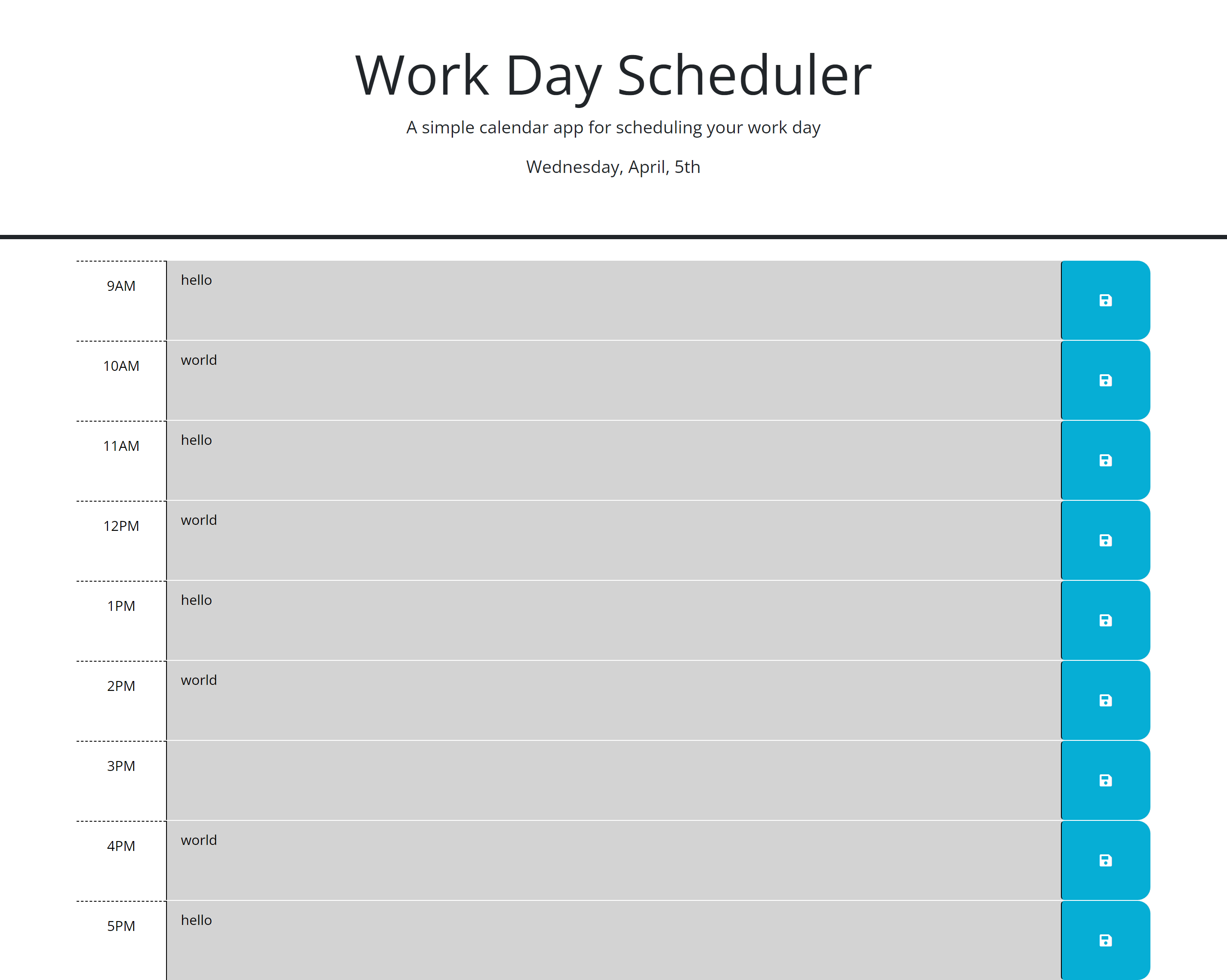 screenshot of work day scheduler